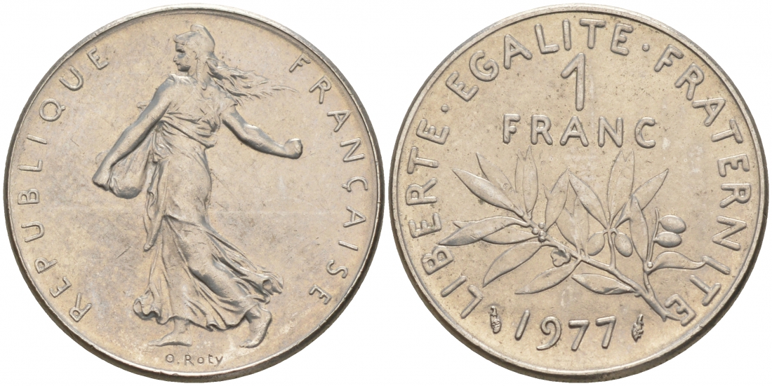ФРАНЦИЯ 1 ФРАНК 1977 СЕЯТЕЛЬ KM 925.1, LE FRANC 226.22 никель UNC 186-347