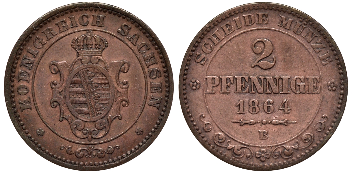 Саксония 2 пфеннига 1864 В, Иоганн (1854-1873) KM 1217, Jaeger 121, AKS 155 медь 75-162