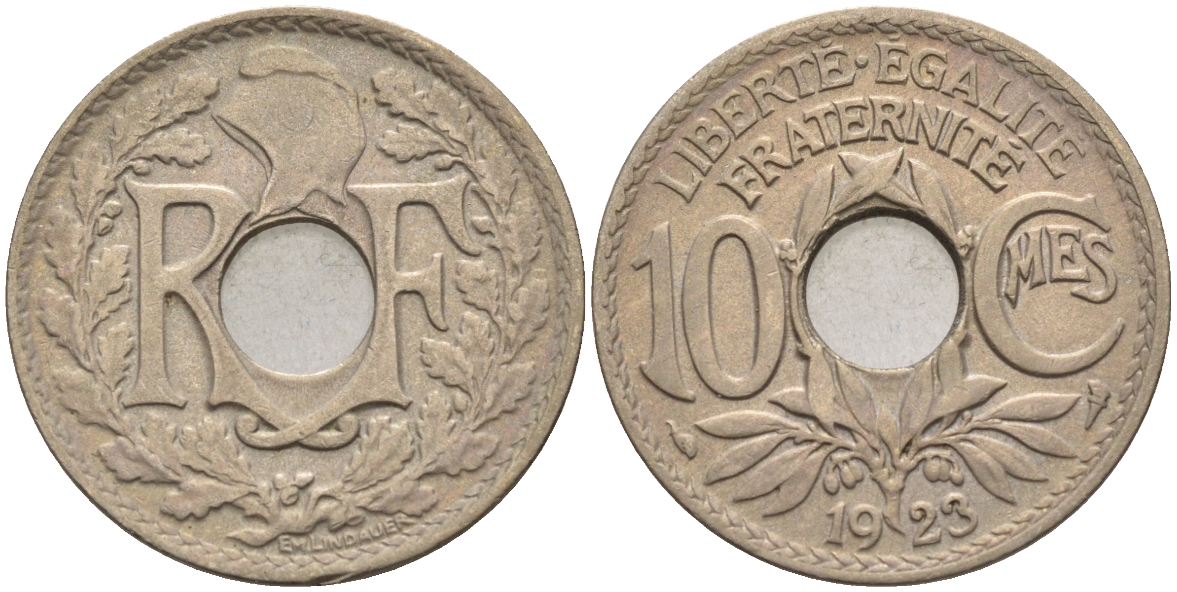 Франция 10 сантимов 1923 тип Линдайё KM 866а медно-никель 4116-451