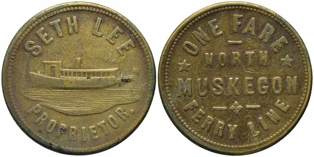 США ТРАНСПОРТНЫЙ ЖЕТОН НА ОДНУ ПОЕЗКУ НА ПАРОМНОЙ ПЕРЕПРАВЕ ПО ОЗЕРУ МИЧИГАН, ГОРОД НОРТ-МАСКИГОН, ШТАТ МИЧИГАН латунь 113-224