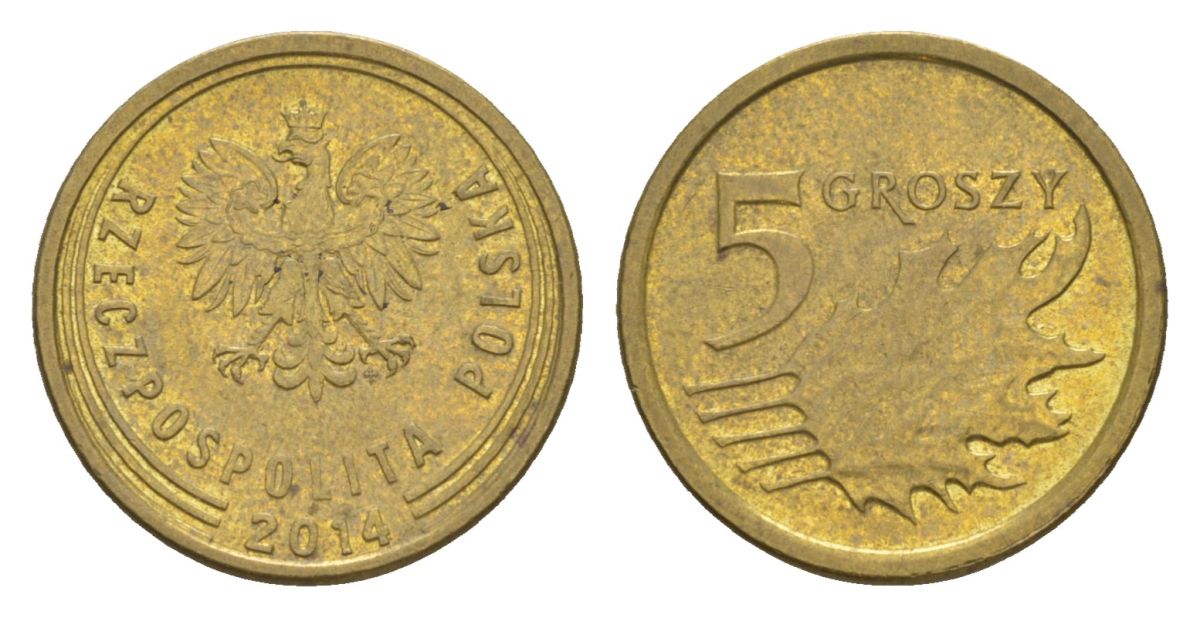 Польша 5 грошей 2014 Y 925 сталь плакированная латунью 4625-417