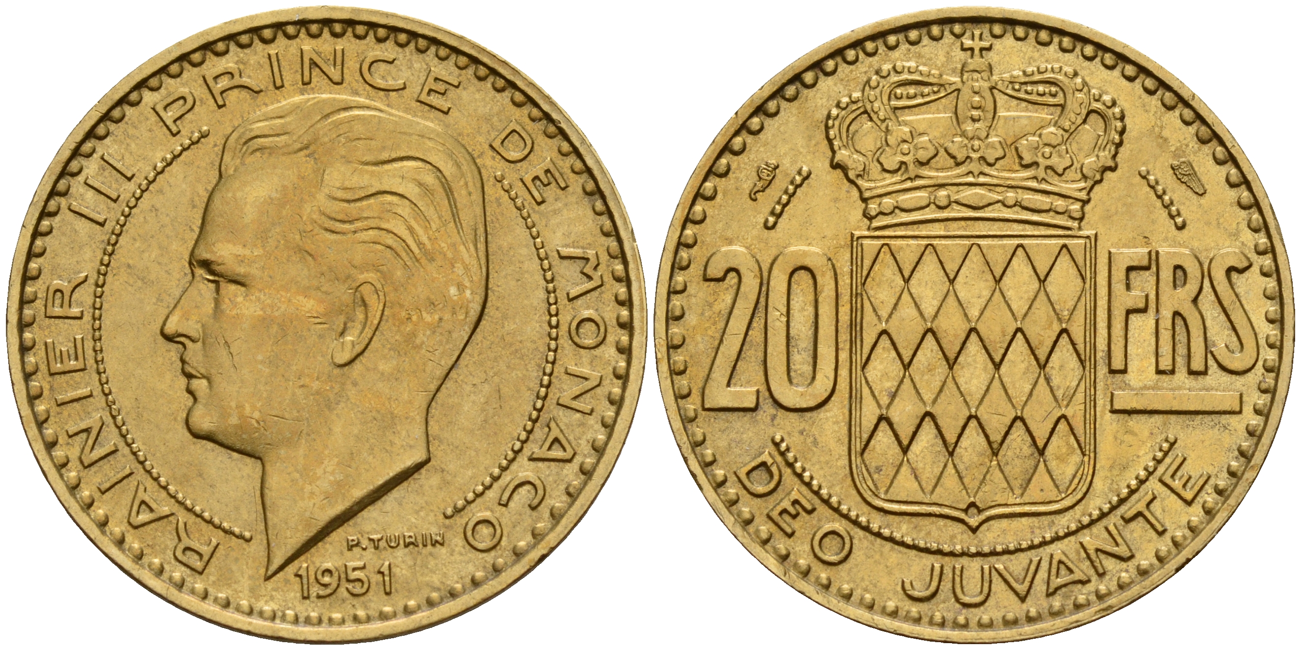 Монако 20 франков 1951 Ренье III (1949-2005) KM 131 алюминиевая бронза 4601-1011