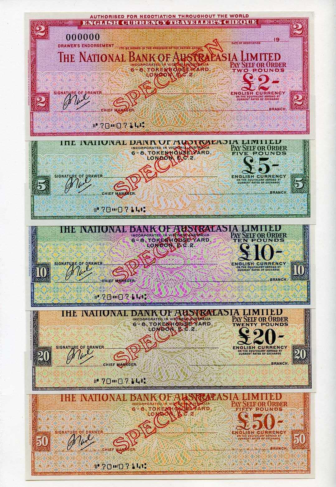 Австралия, Национальный банк Австралии 2, 5, 10, 20 и 50 фунтов 1967 дорожные чеки, оригинальный буклет, образец Specimen   бумага  UNC (пресс) 5548-3-1-2