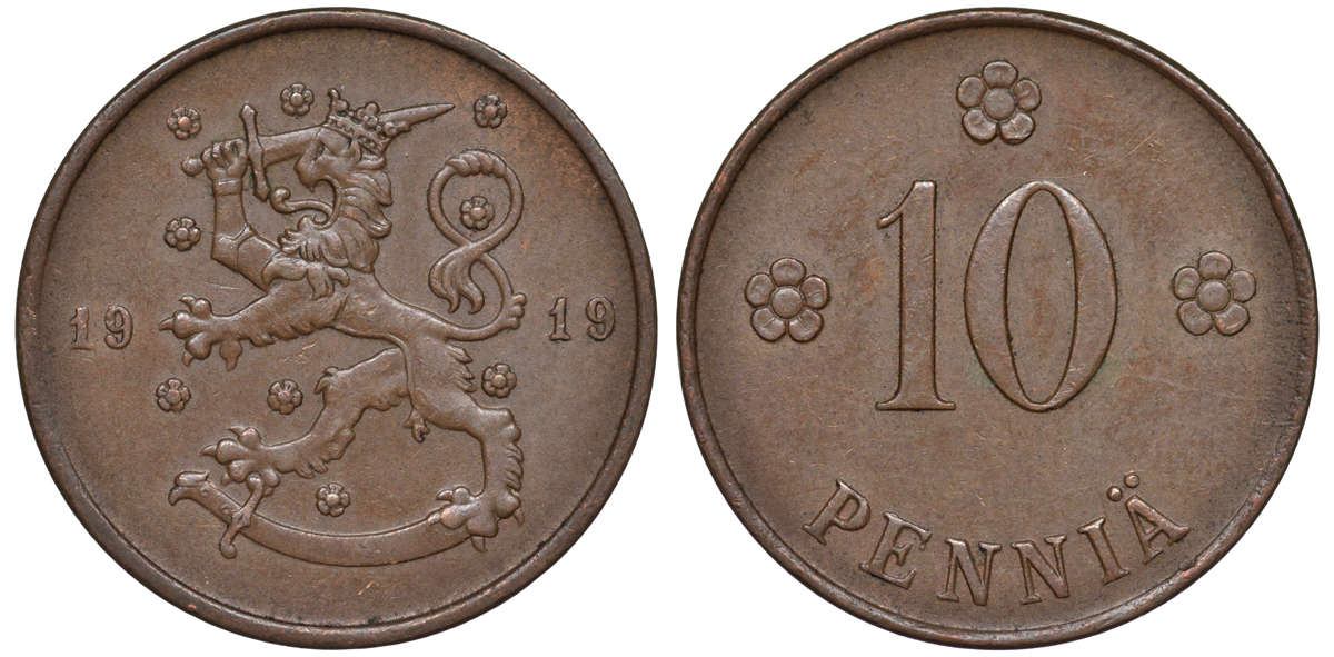 Финляндия 10 пенни 1919 KM 24 медь 45-1025
