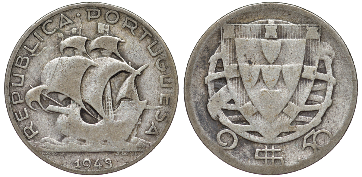 ПОРТУГАЛИЯ 2,50 ЭСКУДО 1943 KM 590 серебро 4178-332