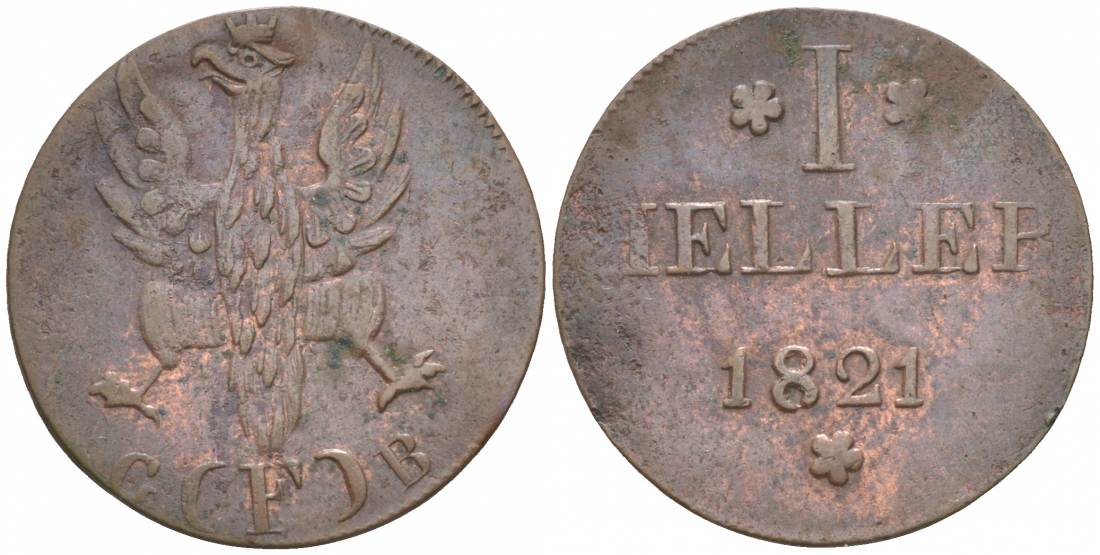Франкфурт 1 геллер 1821 GB AKS 30, Jaeger 10, KM 301 медь 73-627