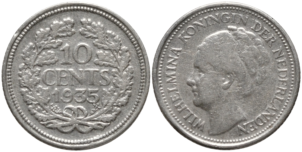 Нидерланды 10 центов 1935 Вильгельмина I (1890-1948) КМ 163 серебро 4387-845