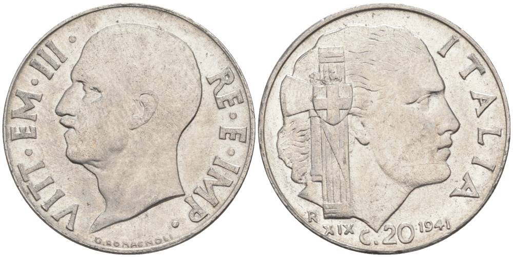 ИТАЛИЯ 20 ЧЕНТЕЗИМО 1941 R, ГОД XIX, ВИКТОР ЭММАНУИЛ III (1900-1946) KM 75b, VEM3. 1028 нержавеющая сталь 3853-814