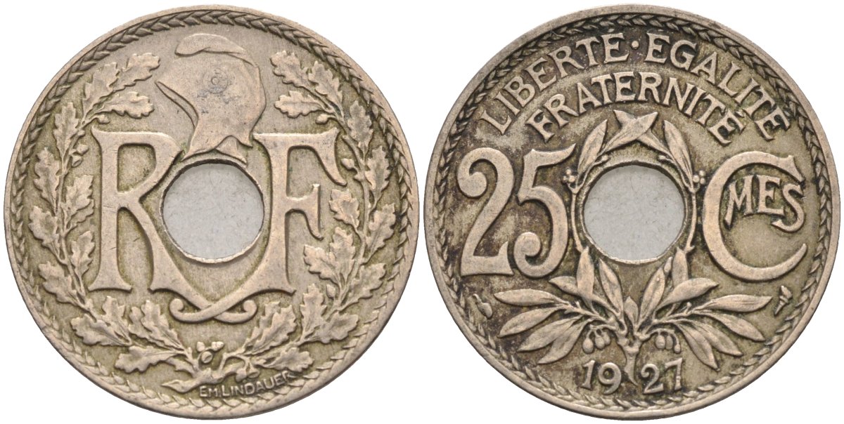 Франция 25 сантимов 1927 тип Lindauer KM 867а, Le Franc 171.11 медно-никель 4584-431