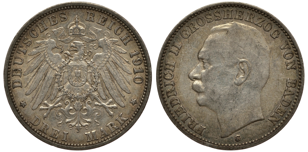 Баден 3 марки 1911 Фридрих II (1907-1918) J. 39, KM 280 серебро    3711-1645