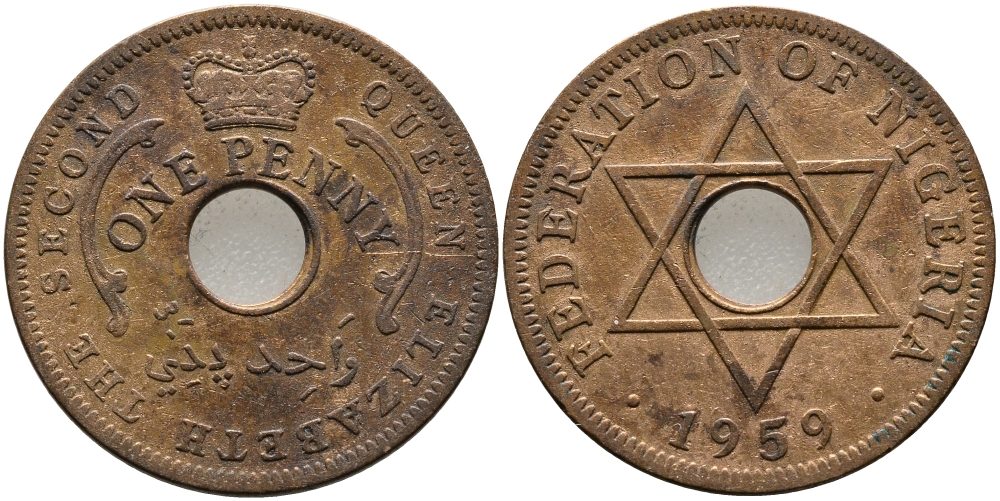 Нигерия 1 пенни 1959 Елизавета II (1952-), Британский протекторат KM 2 бронза 51-2821
