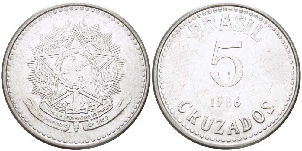 Бразилия 5 крузадо 1986 реформа (1986-1989) KM 606 нержавеющая сталь 24-912