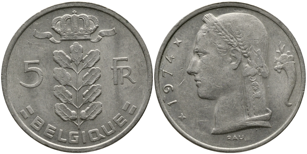 БЕЛЬГИЯ 5 ФРАНКОВ 1974 BELGIQUE KM 134.1 медно-никель 98-646