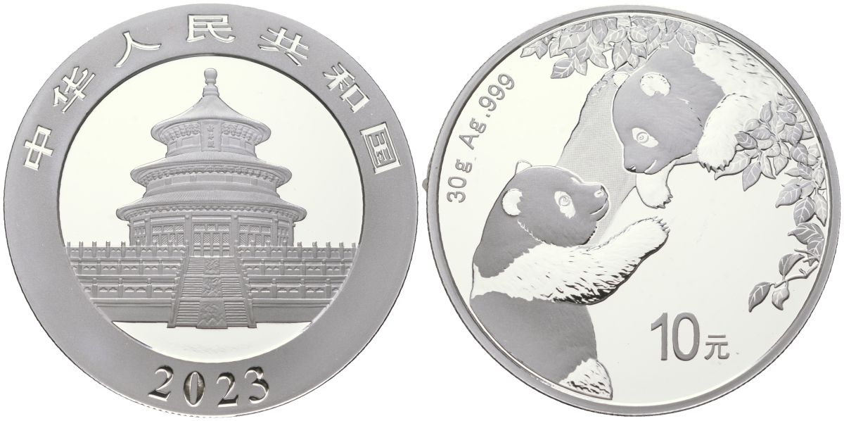 Китай 10 юаней 2023 панды на дереве KM NEW серебро BUNC 1080-4-54