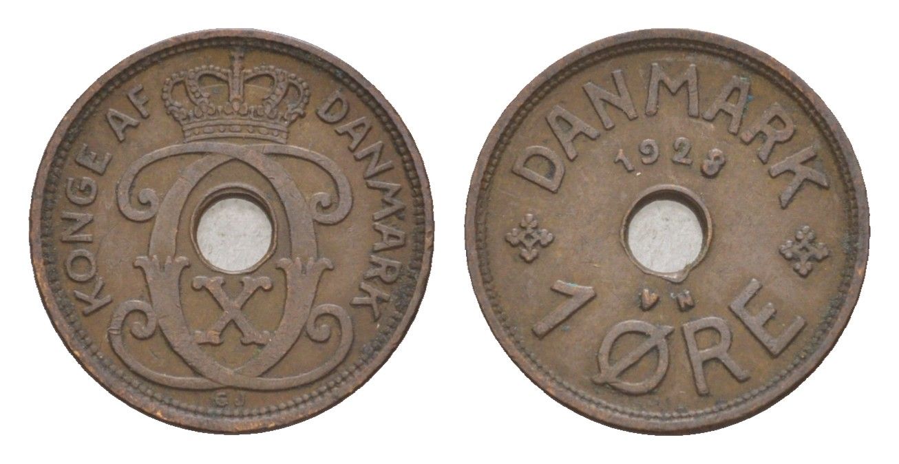 Дания 1 эре 1928 N, Кристиан X (1912-1947) KM 826 бронза 4658-143