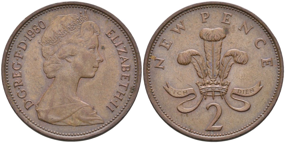 Великобритания 2 пенса 1980 Елизавета II (1952-2022) KM 916, Spink 4235 (C1) бронза 4116-741