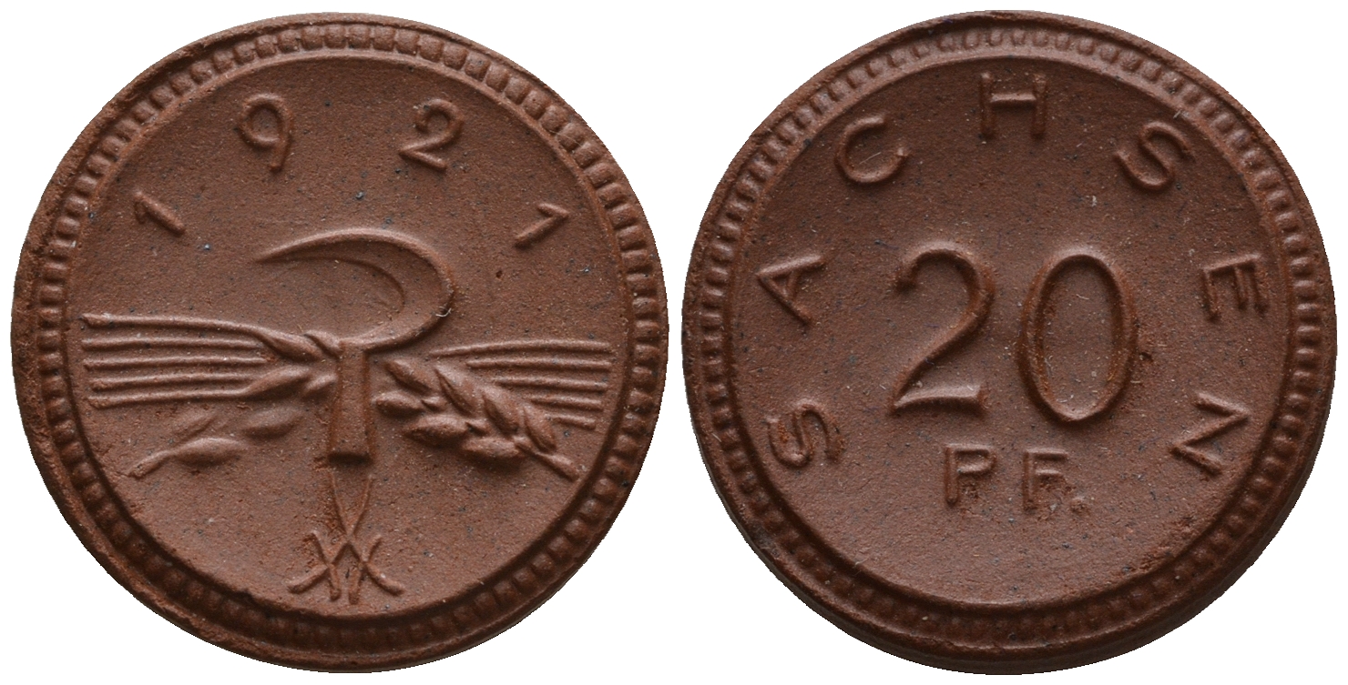 Саксония 20 пфеннигов 1921 колосья и серп J. N 53 фарфор UNC 1094-7-85