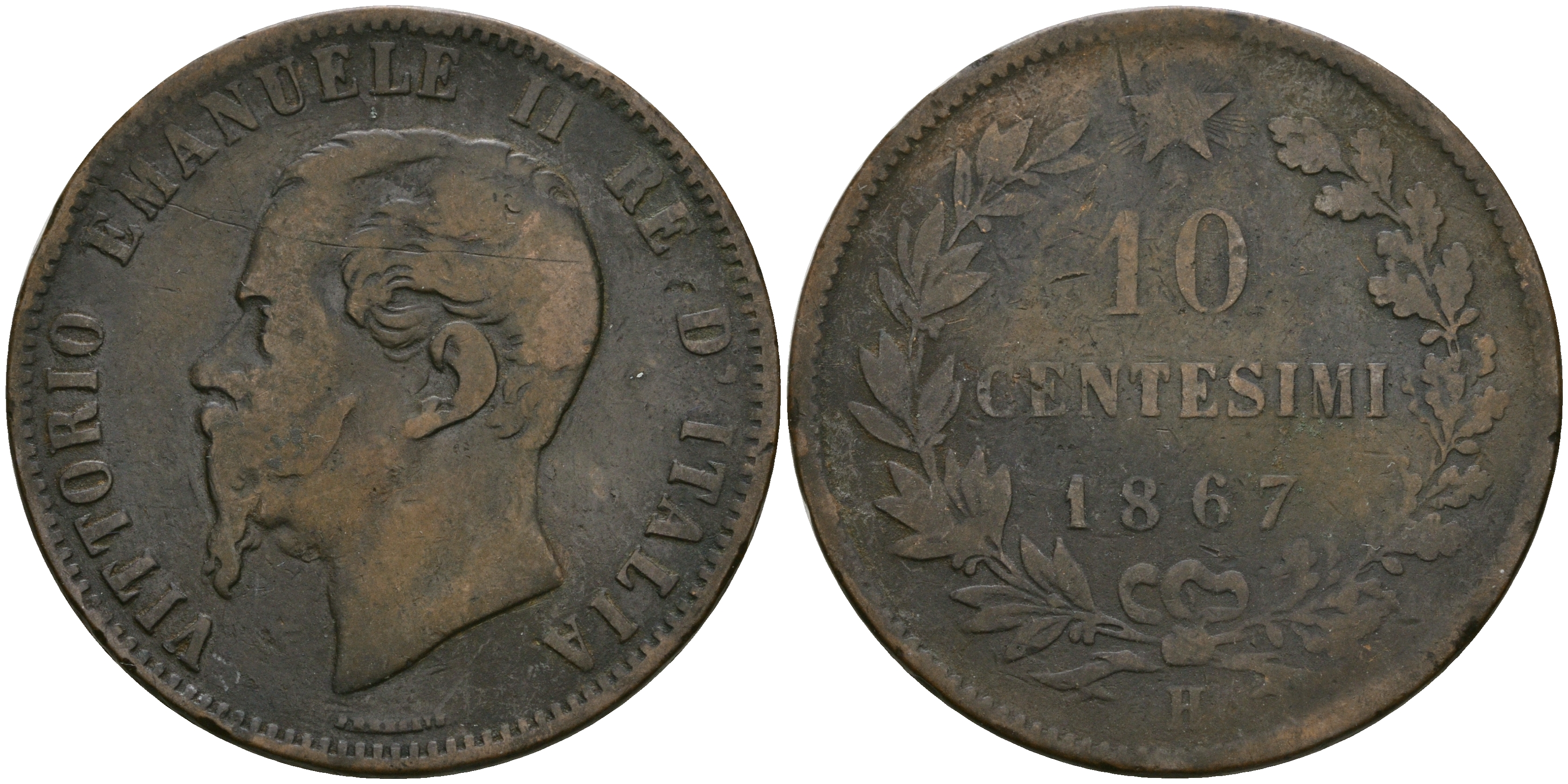 Италия 10 чентезимо 1867 H, Виктор Эммануил II (1861-1878) KM 11.3 медь 08-826