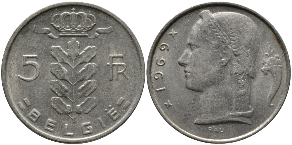 БЕЛЬГИЯ 5 ФРАНКОВ 1969 BELGIE KM 135.1 медно-никель 98-551