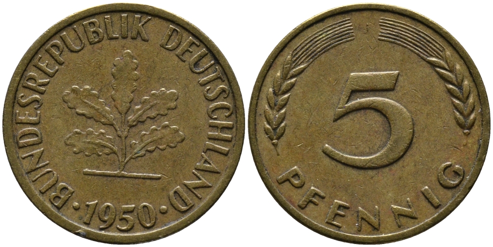 ФРГ 5 ПФЕННИГОВ 1950 J KM 107, J. 382 сталь плакированная латунью 33-157