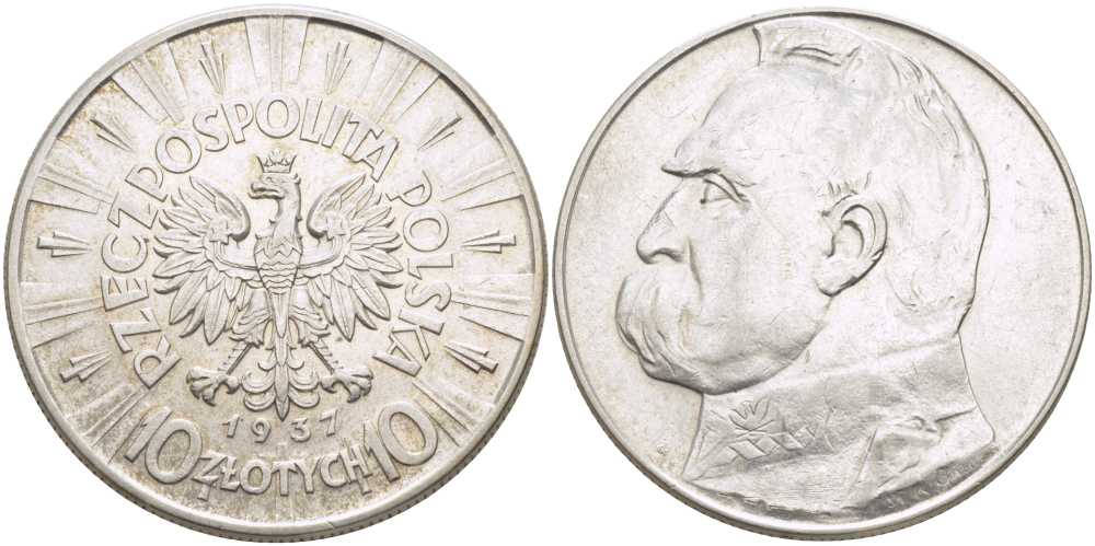 Польша 10 злотых 1937 w, Пилсудский KM 29, Parchimowicz 124d серебро 5010-1113