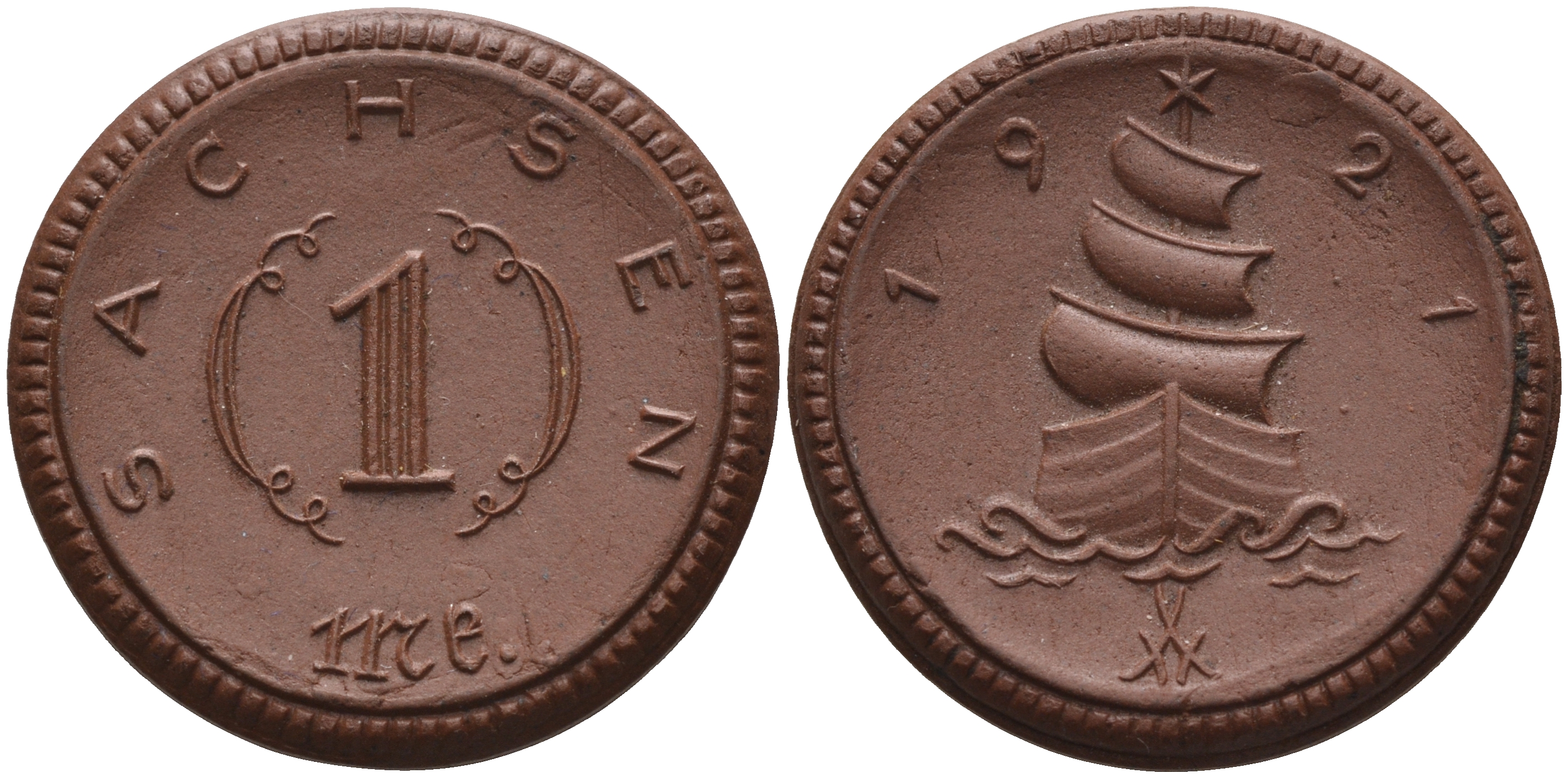 Саксония 1 марка 1921 парусник J. N 55 фарфор 1094-3-44