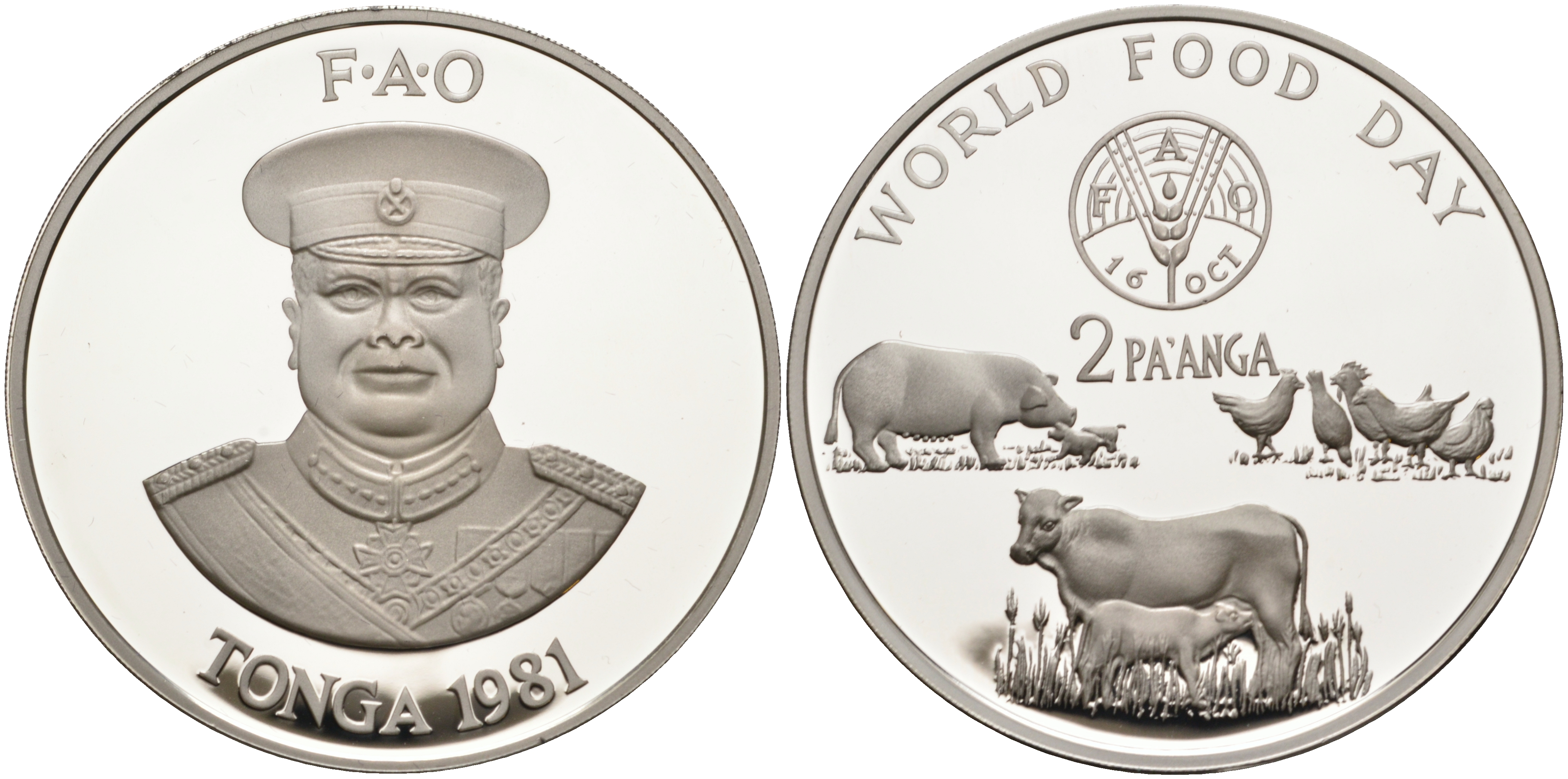 Тонга 2 паанга 1981 FAO, домашние животные, король Тауфа’ахау Тупоу IV (1967-2006) KM 73a серебро PROOF 1069-6-23