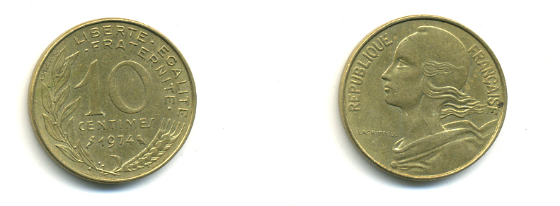 ФРАНЦИЯ 10 САНТИМОВ 1974 ТИП MARIANNE KM 929 медь алюминий никель 176-822