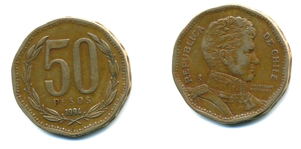 Чили 50 песо 1994 Бернардо О’Хиггинс KM 219.2 алюминиевая бронза 36-345