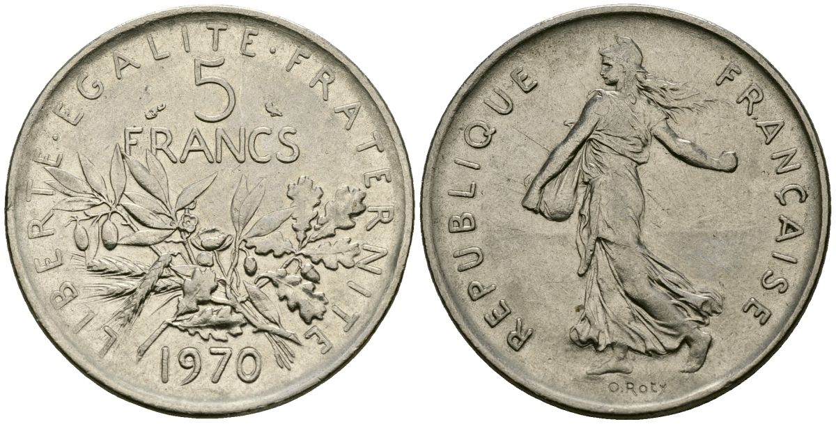 Франция 5 франков 1970 KM 926a медно-никель плакированный никелем 4120-433