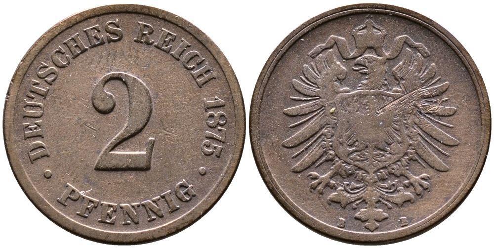 ГЕРМАНИЯ 2 ПФЕННИГА 1875 B, СТАРОГЕРБОВКА KM 2, J.2 медь 72-557