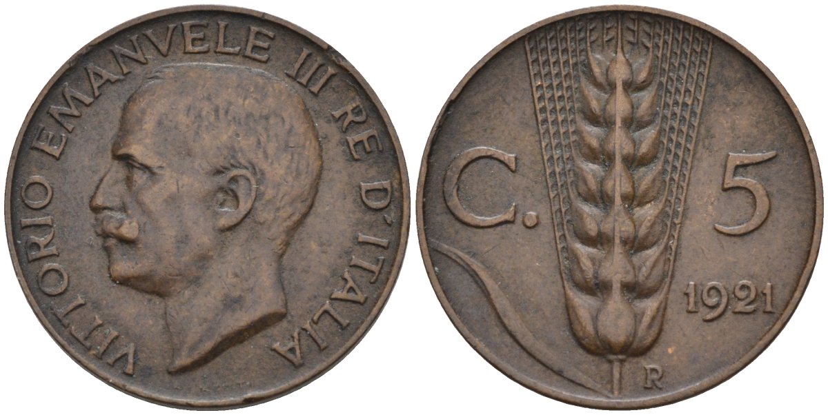 Италия 5 чентезимо 1921 R, Виктор Эммануил III KM 59 медь 4594-331