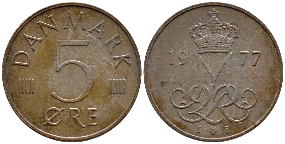 ДАНИЯ 5 ЭРЕ 1977 S; B, МАРГРЕТЕ II (1972-) KM 859.1 железо плакированное медью 4398-911