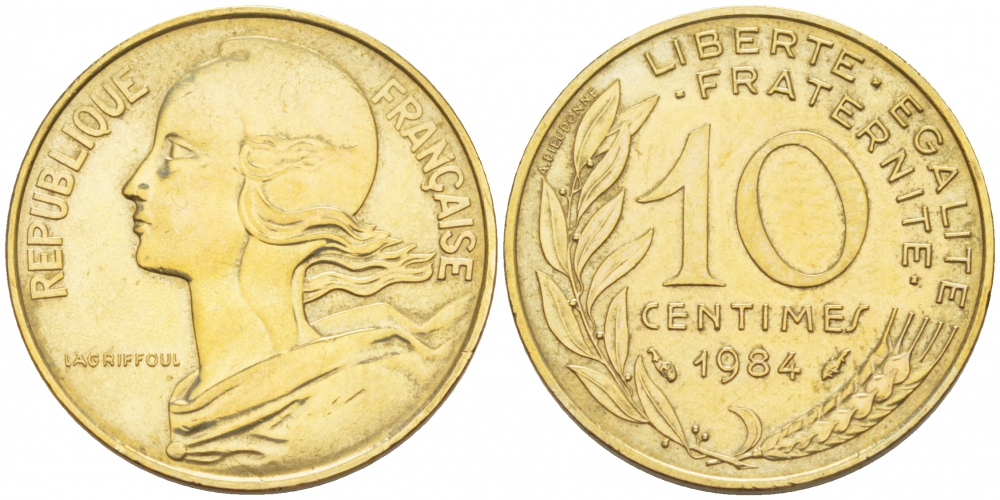 ФРАНЦИЯ 10 САНТИМОВ 1984 ТИП MARIANNE KM 929 медь алюминий никель 110-132