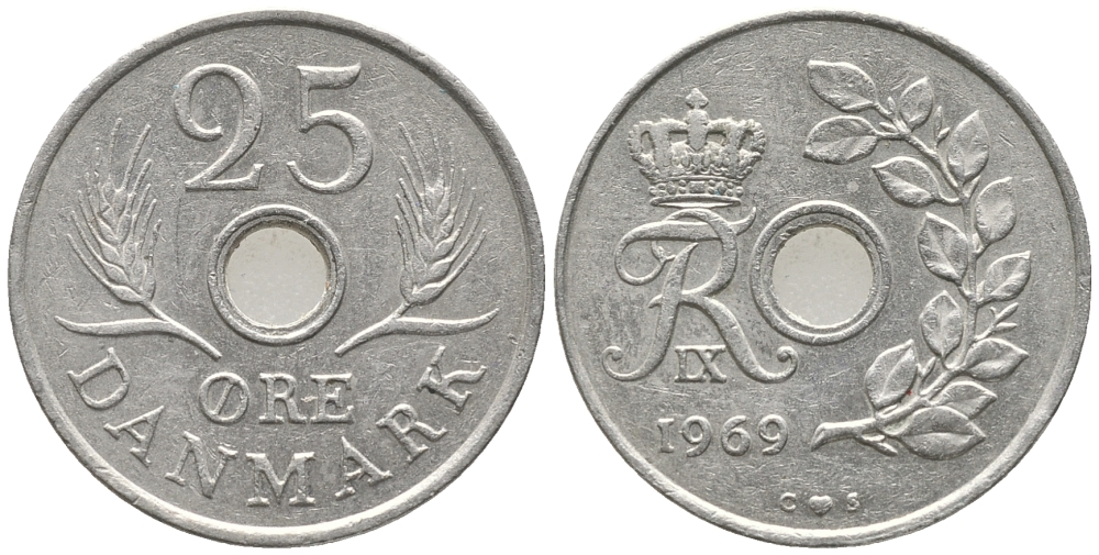 Дания 25 эре 1968 С;S, Фредерик IX (1947-1972) KM 855.1 медно-никель 34-526