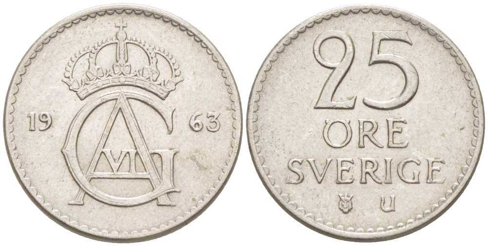 Швеция 25 эре 1963 U, Густав VI Адольф (1950-1973) KM 836 медно-никель 4516-459