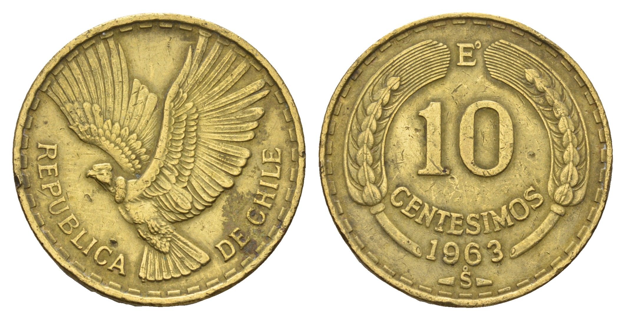 Чили 10 сентесимо 1963 KM 191 алюминиевая бронза 117-1146