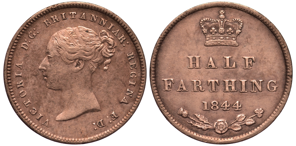 Великобритания 1/2 фартинга 1844 Виктория (1837-1901) KM 738, Spink 3951 медь 1528-915