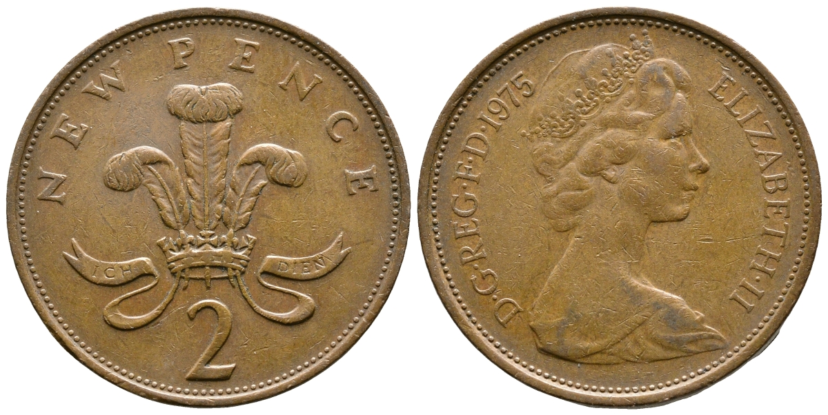 Великобритания 2 пенса 1975 Елизавета II (1952-2022) KM 916, Spink 4235 (C1) бронза 89-1155