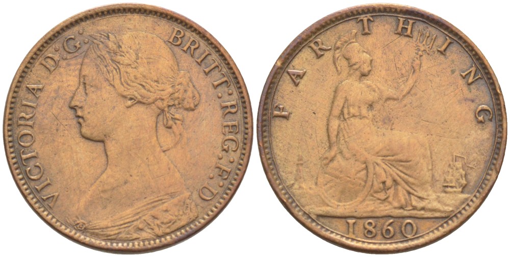 Великобритания 1 фартинг 1860 Виктория (1837-1901), зубчатая кайма KM 747.2, Spink 3958 бронза 4543-833