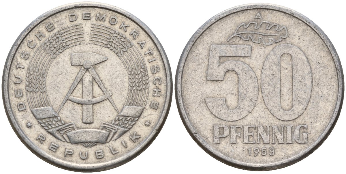 ГДР 50 пфеннигов 1958 A KM 12.1 алюминий 110-452