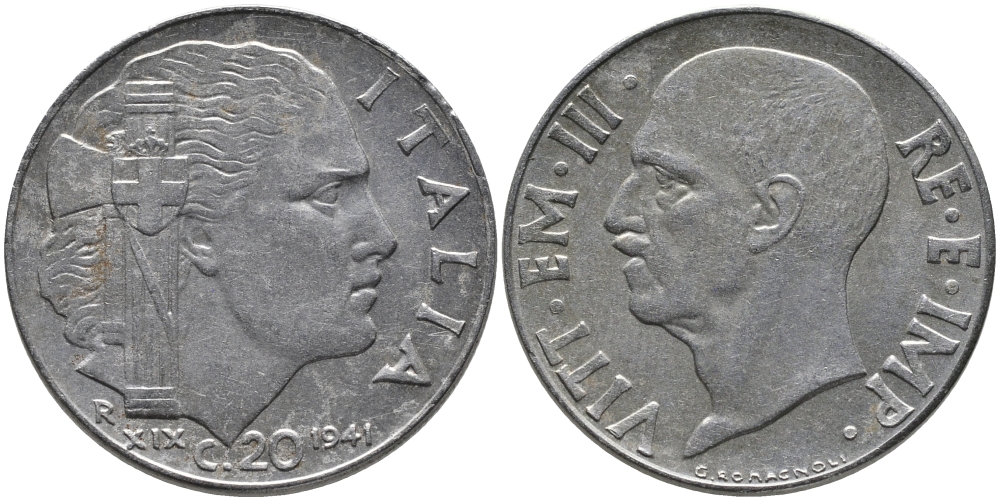 ИТАЛИЯ 20 ЧЕНТЕЗИМО 1941 R, ВИКТОР ИМАНУИЛ, XXII ГОД, МАГНИТНАЯ KM 75b нержавеющая сталь 86-1211