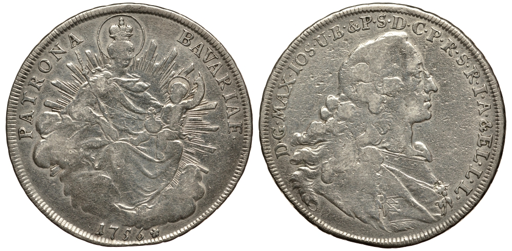 Бавария 1 талер 1756 А, Максимилиан III Иосиф (1745-1777), монетный двор Munich KM 223.2 Dav. 1952 серебро 413-3233