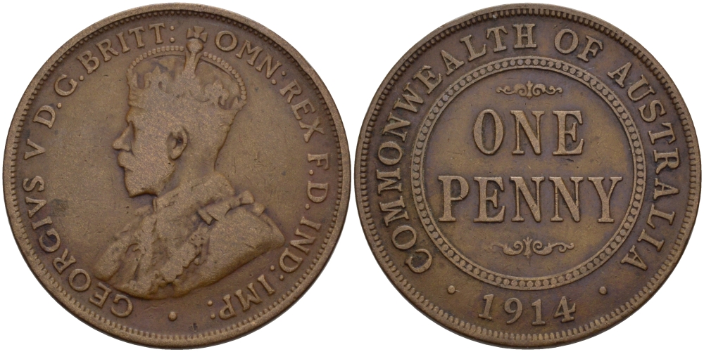 АВСТРАЛИЯ 1 ПЕННИ 1914 ГЕОРГ V KM 23 бронза 82-644