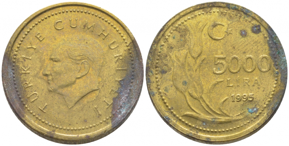 Турция 5000 лир 1995 Мустафа Кемаль Ататюрк KM 1029.1 латунь 3856-614