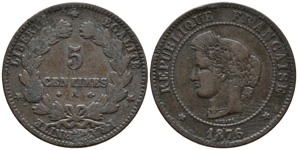 ФРАНЦИЯ 5 САНТИМОВ 1876 А, ТРЕТЬЯ РЕСПУБЛИКА (1871-1940) KM 821.1, LE FRANC 118.14 бронза 34-1221