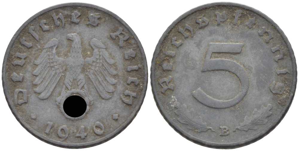ГЕРМАНИЯ 5 РЕЙХСПФЕННИГОВ 1940 B KM 100, J. 370 цинк 105-232