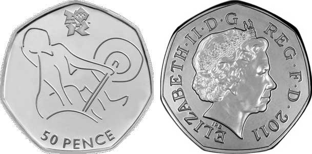 Великобритания 50 пенсов 2011 XXX летние Олимпийские игры в Лондоне в 2012 году, тяжелая атлетика, в оригинальном картонном буклете, с Олимпийской голограммой (27/29) KM 1186 медно-никель  UNC  3-6-6-19