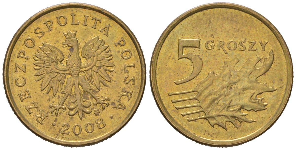 Польша 5 грошей 2008 KM 278 латунь aUNC 4547-735