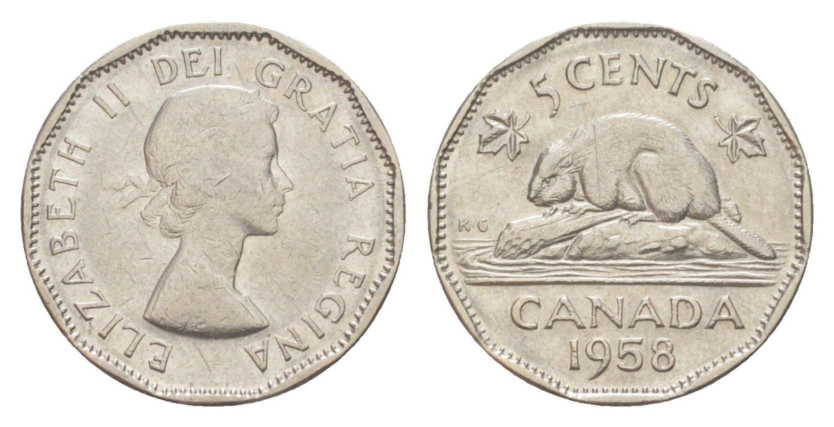 Канада 5 центов 1958 Елизавета II (1952-2022), бобр KM 50a никель 4639-435